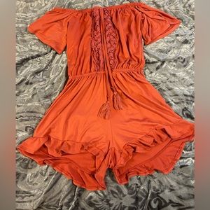 Beautiful cottage designed romper with ruffles- Coral (orange/pink)